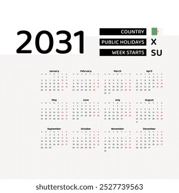 Calendar 2031 English language with Algeria public holidays. Week starts from Sunday. Graphic design vector illustration.