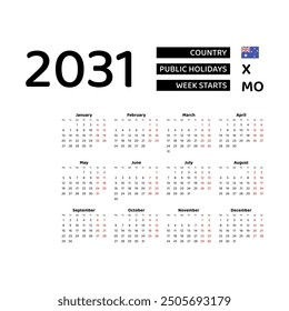 Calendar 2031 English language with Australia public holidays. Week starts from Monday. Graphic design vector illustration.