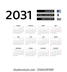 Calendar 2031 English language with Bahamas public holidays. Week starts from Sunday. Graphic design vector illustration.