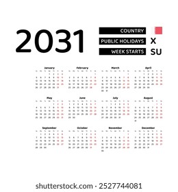 Calendar 2031 English language with Bahrain public holidays. Week starts from Sunday. Graphic design vector illustration.