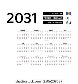 Calendar 2031 English language with Barbados public holidays. Week starts from Sunday. Graphic design vector illustration.