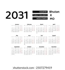 Calendar 2031 English language with Bhutan public holidays. Week starts from Monday. Graphic design vector illustration.