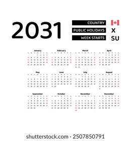 Calendar 2031 English language with Canada public holidays. Week starts from Sunday. Graphic design vector illustration.