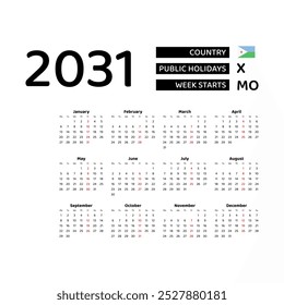 Calendar 2031 English language with Djibouti public holidays. Week starts from Monday. Graphic design vector illustration.