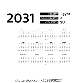 Calendar 2031 English language with Egypt public holidays. Week starts from Sunday. Graphic design vector illustration.