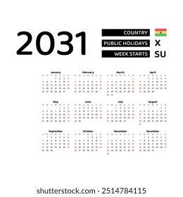 Calendar 2031 English language with Ghana public holidays. Week starts from Sunday. Graphic design vector illustration.