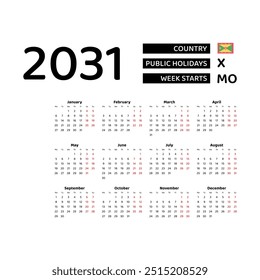 Calendar 2031 English language with Grenada public holidays. Week starts from Monday. Graphic design vector illustration.