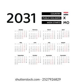 Calendar 2031 English language with Iraq public holidays. Week starts from Monday. Graphic design vector illustration.