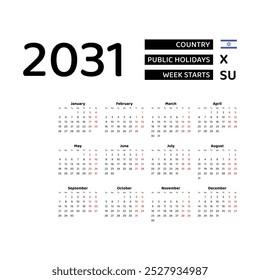 Calendar 2031 English language with Israel public holidays. Week starts from Sunday. Graphic design vector illustration..