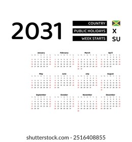 Calendar 2031 English language with Jamaica public holidays. Week starts from Sunday. Graphic design vector illustration.