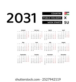 Calendar 2031 English language with Jordan public holidays. Week starts from Sunday. Graphic design vector illustration.