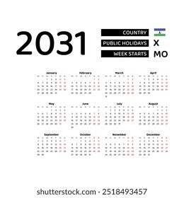 Calendar 2031 English language with Lesotho public holidays. Week starts from Monday. Graphic design vector illustration.