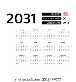 Calendar 2031 English language with Liberia public holidays. Week starts from Monday. Graphic design vector illustration.