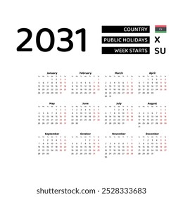 Calendar 2031 English language with Libya public holidays. Week starts from Sunday. Graphic design vector illustration.