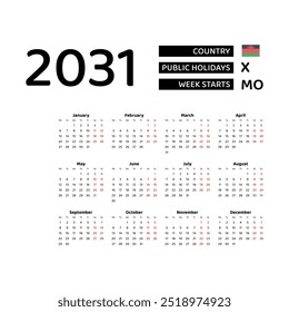 Calendar 2031 English language with Malawi public holidays. Week starts from Monday. Graphic design vector illustration.