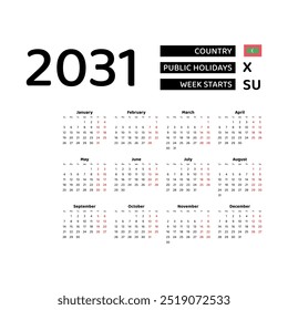 Calendar 2031 English language with Maldives public holidays. Week starts from Sunday. Graphic design vector illustration.