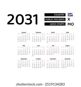 Calendar 2031 English language with Marshall Islands public holidays. Week starts from Monday. Graphic design vector illustration.