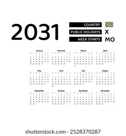 Calendar 2031 English language with Mauritania public holidays. Week starts from Monday. Graphic design vector illustration.