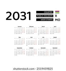 Calendar 2031 English language with Mauritius public holidays. Week starts from Monday. Graphic design vector illustration.