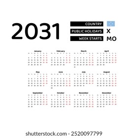 Calendar 2031 English language with Micronesia public holidays. Week starts from Monday. Graphic design vector illustration.