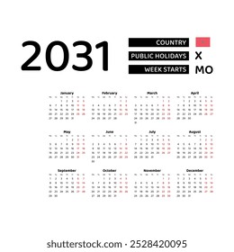 Calendar 2031 English language with Morocco public holidays. Week starts from Monday. Graphic design vector illustration.