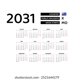 Calendar 2031 English language with New Zealand public holidays. Week starts from Monday. Graphic design vector illustration.