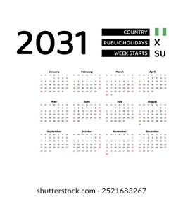 Calendar 2031 English language with Nigeria public holidays. Week starts from Sunday. Graphic design vector illustration.