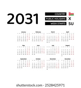 Calendar 2031 English language with Oman public holidays. Week starts from Sunday. Graphic design vector illustration.