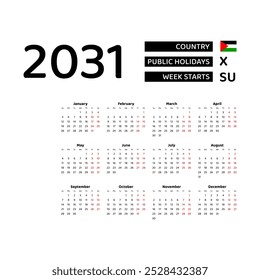 Calendar 2031 English language with Palestine public holidays. Week starts from Sunday. Graphic design vector illustration.