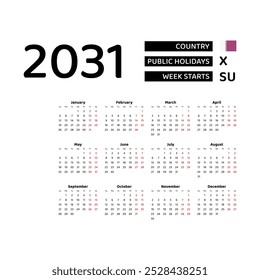 Calendar 2031 English language with Qatar public holidays. Week starts from Sunday. Graphic design vector illustration.