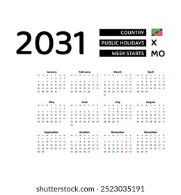 Calendar 2031 English language with Saint Kitts and Nevis public holidays. Week starts from Monday. Graphic design vector illustration.