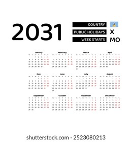 Calendar 2031 English language with Saint Lucia public holidays. Week starts from Monday. Graphic design vector illustration.