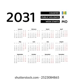 Calendar 2031 English language with Saint Vincent and the Grenadines public holidays. Week starts from Monday. Graphic design vector illustration.