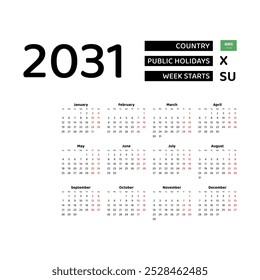 Calendar 2031 English language with Saudi Arabia public holidays. Week starts from Sunday. Graphic design vector illustration.