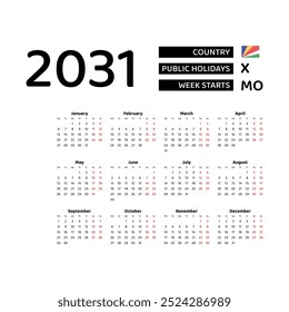 Calendar 2031 English language with Seychelles public holidays. Week starts from Monday. Graphic design vector illustration.