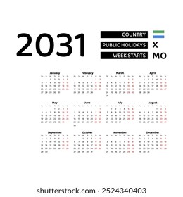 Calendário 2031 Língua inglesa com Serra Leoa feriados públicos. A semana começa na segunda. Ilustração de vetor de design gráfico.