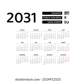 Calendar 2031 English language with South Sudan public holidays. Week starts from Sunday. Graphic design vector illustration.