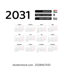 Calendar 2031 English language with Sudan public holidays. Week starts from Sunday. Graphic design vector illustration.