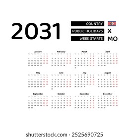 Calendar 2031 English language with Swaziland public holidays. Week starts from Monday. Graphic design vector illustration.