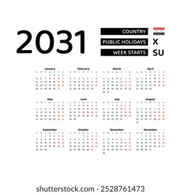 Calendar 2031 English language with Syria public holidays. Week starts from Sunday. Graphic design vector illustration.