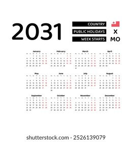 Calendar 2031 English language with Tonga public holidays. Week starts from Monday. Graphic design vector illustration.