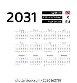 Calendar 2031 English language with Trinidad and Tobago public holidays. Week starts from Sunday. Graphic design vector illustration.