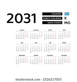 Calendar 2031 English language with Tuvalu public holidays. Week starts from Monday. Graphic design vector illustration.