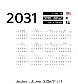 Calendar 2031 English language with United States public holidays. Week starts from Sunday. Graphic design vector illustration.