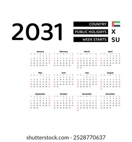 Calendar 2031 English language with United Arab Emirates public holidays. Week starts from Sunday. Graphic design vector illustration.