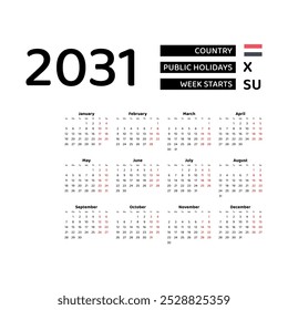 Calendar 2031 English language with Yemen public holidays. Week starts from Sunday. Graphic design vector illustration.