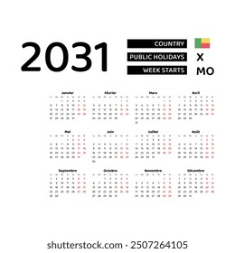 Calendar 2031 French language with Benin public holidays. Week starts from Monday. Graphic design vector illustration.