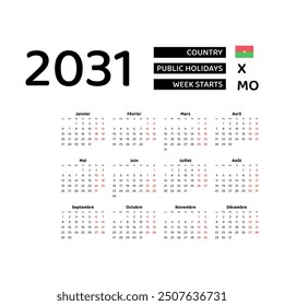 Calendar 2031 French language with Burkina Faso public holidays. Week starts from Monday. Graphic design vector illustration.