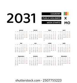 Calendar 2031 French language with Cameroon public holidays. Week starts from Monday. Graphic design vector illustration.