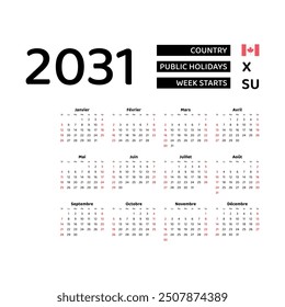 Calendar 2031 French language with Canada public holidays. Week starts from Sunday. Graphic design vector illustration.